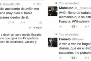 Algunos ejemplos de tuits catalanófobos tras la tragedia de Germanwings.-