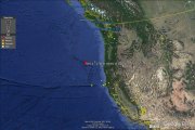 Imagen del foco del seísmo y la costa americana-GOOGLE EARTH