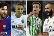 Messi (Barça), Rodrigo (Valencia), Canales (Betis) y Benzema (Real Madrid).-EL PERIÓDICO