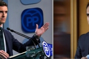 El vicesecretario de Comunicación del PP, Pablo Casado, a la izquierda durante una comparecencia pública para negar irregularidades en la obtención de sus títulos universitarios. A la derecha, el rector de la Universidad Rey Juan Carlos, Javier Ramos.-JOSE MANUEL PRATS/ EMILIO NARANJO