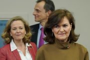 Carmen Calvo, Nadia Calviño y Pedro Duque en la rueda de prensa posterior al Consejo de Ministros.-JOSE LUIS ROCA