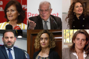 Seis de los nuevos ministros del Gobierno de Pedro Sánchez. De izquierda a derecha y de arriba a abajo: Carmen Calvo, Josep Borrell, María Jesús Montero, José Luis Ábalos, Meritxell Batet y Teresa Ribera.-EL PERIÓDICO