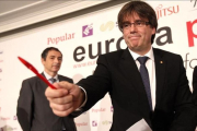 El 'president' Carles Puigdemont, durante el desayuno informativo que ha ofrecido este lunes en Madrid.-JUAN MANUEL PRATS