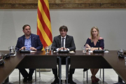 Una imagen de la reunión, con Junqueras, Puigdemont y Munté.-FERRAN SENDRA
