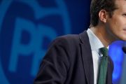 El presidente del PP, Pablo Casado, en una reciente rueda de prensa en la sede central de su partido-JOSE LUIS ROCA