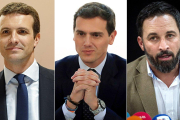 Pablo Casado (PP), Albert Rivera (Ciudadanos) y Santiago Abascal (Vox).-