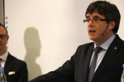 Puigdemont, durante el debate en la Universidad de Copenhague.-/ RAFA GARRIDO