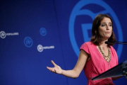 Andrea Levy, en una rueda de prensa en la sede del PP, en agosto.-JOSÉ LUIS ROCA