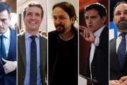 Pedro Sánchez, Pablo Casado, Pablo Iglesias, Albert Rivera y Santiago Abascal.-EL PERIÓDICO