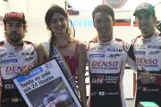 Fernando Alonso, Kazuki Nakajima y Sebastien Buemi, tras lograr ayer la pole position en las 24 Horas de Le Mans.-AFP / JEAN-FRANCOIS MONIER