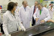 Juan Vicente Herrera, ayer, durante su visita a la planta de Boecillo de Aciturri, junto al presidente del grupo, Ginés Clemente (d).-J. M. LOSTAU
