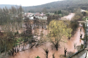 El Arlanza a su paso por Covarrubias a media tarde de ayer, cuyo caudal seguía creciendo con la amenaza de superar el puente y el paseo anexo.-ECB