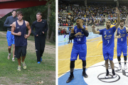 A la izquierda, primer entrenamiento del CB Miraflores el 7 de septiembre de 2015. A la derecha, los jugadores del Hereda San Pablo celebran la victoria ante el Fuenlabrada el pasado 7 de marzo, último partido con público disputado en Burgos. RAÚL OCHOA / SANTI OTERO