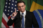 El presidente de Brasil, Jair Bolsonaro, en su intervención de la Cámara de Comercio de Whasington.-SUSAN WALSH (AP)