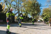 Operarios instalando el manto de luces de Navidad que se instalará en el Paseo del Espolón este año.