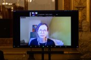 La economista Nevenka Fernández interviene por videoconferencia en un acto conmemorativo por el Día Internacional de la eliminación de la violencia contra la mujer, en el Congreso de los Diputados, a 25 de noviembre de 2025, en Madrid (España).