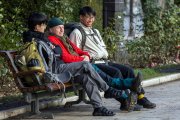 Tres peregrinos, en un alto en el Camino de Santiago, charlando en un banco del paseo del Espolón.