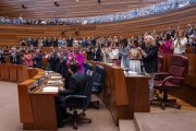 La bancada del PP aplaude a Fernández Mañueco en el pleno del debate de investidura.