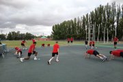 La plantilla del UBU San Pablo Burgos, durante la concentración en Béjar.