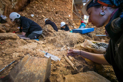 Trabajos sobre un fósil de fauna en el nivel TD-4 de Gran Dolina durante la campaña de excavaciones de Atapuerca.