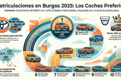 Los coches más vendidos en Burgos en 2025 Toyota Yaris Cross, Dacia Sandero y MG ZS.