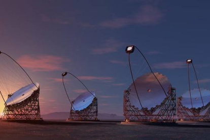 Representación artística de los cuatro telescopios gigantes propuestos para el CTA (Cherenkov Telescope Array o Red de Telescopios Cherenkov) en la isla canaria de La Palma.-Foto:  IFAE-Consorcio CTA.