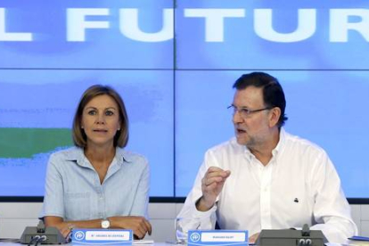 Rajoy y Cospedal, el pasado lunes, en la reunión con los presidentes del PP.-Foto: Ballesteros / EFE