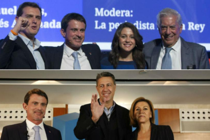 Manuel Valls, arriba, en el acto de Ciutadans, y debajo, en el del PPC, este sábado.-/ ALBERT BERTRAN