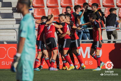 Los jugadores del Mirandés celebran un gol durante el partido contra Las Palmas. LALIGA