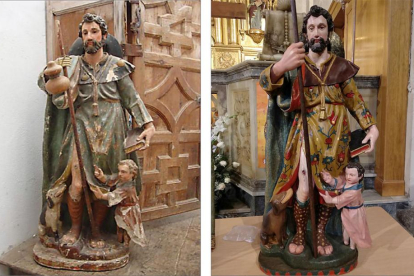 A la izquierda, la talla de San Roque en 2013. A la derecha, la misma figura tras someterse a un concienzudo proceso de restauración.-J. M. / LOREN ARRIBAS