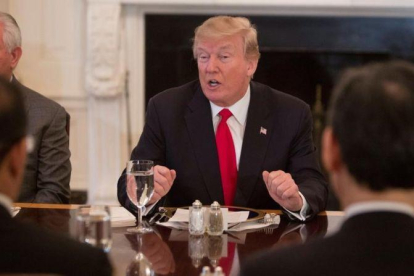 El presidente estadounidense, Donald Trump, interviene durante un almuerzo con el Consejo de Seguridad de las Naciones Unidas  en la Casa Blanca de Washington.-CHRIS KLEPONIS / EFE