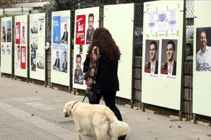 Una mujer pasea tranquilamente con su perro ante los carteles electorales, en Bilbao.-LUIS TEJIDO / EFE