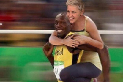 El meme de Ellen DeGeneres a lomos de Usain Bolt por el que la humorista ha sido acusada de racista.-INSTAGRAM