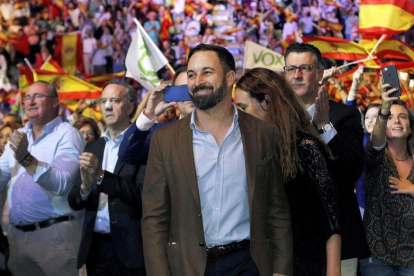 El presidente de Vox, Santiago Abascal, durante el acto de la formacion celebrado el pasado 7 de octubre en el Palacio de Vistalegre de Madrid.-
