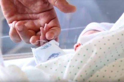 Un bebé recién nacido coge la mano de uno de sus padres.-