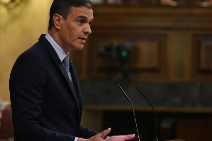 Pedro Sánchez, durante su intervención en la primera sesión del debate sobre el Estado de la Nación. LA MONCLOA