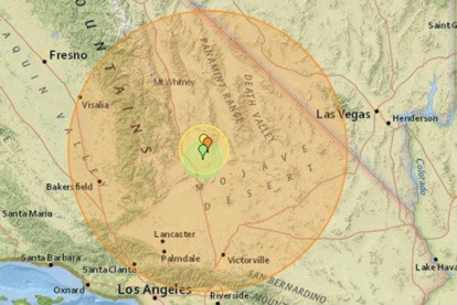 Mapa con la zona afectada por el terremoto declarado este jueves en el sur de California.-EARTHQUAKETRACK.COM
