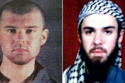 John Walker Lindh tras ser capturado en Afganistán. La imagen de la derecha es del 6 de febrero del 2002 y la de la izquierda de cinco días después.-AFP