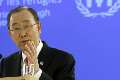 Ban Ki Moon, secretario general de la ONU, en la reunión de la UNHCR en Ginebra este miércoles.-DENIS BALIBOUSE