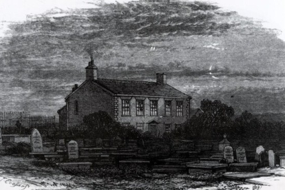 Grabado de la casa de Harworth, la casa parroquial de los Brontë 