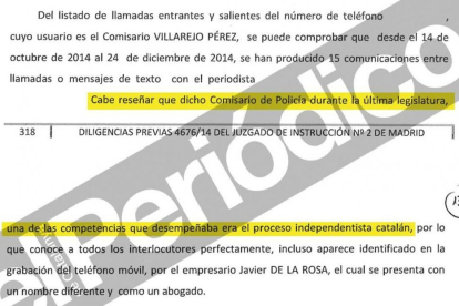 En las diligencias judiciales incluidas en el sumario de una causa derivada del ‘caso Nicolay’ -sobre una grabación a agentes del CNI-, se incluye un informe policial que sostiene que Villarejo tenía como competencia el proceso independentista catalán.-