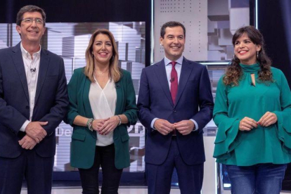 De izquierda a derecha, los candidatos a la presidencia de la Junta de Andalucía Juan Marín (Cs), Susana Díaz (PSOE), Juan Manuel Moreno (PP) y Teresa Rodríguez (Adelante Andalucía), en el debate de campaña de este lunes, en Canal Sur.-EFE / JULIO MUÑOZ