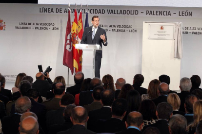 El presidente del gobierno,Mariano Rajoy, durante su intervención en la inauguración de la línea de alta velocidad que hace el trayecto Madrid-Palencia-León-Ical