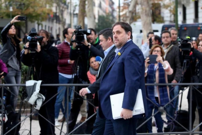 El exvicepresidente de la Generalitat Oriol Junqueras llega, este jueves, a la Audiencia Nacional.-JUAN MANUEL PRATS