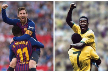 Messi celebra su segundo gol en el Pizjuán con Dembélé como Pelé lo hizo con Jairzinho en el Mundial-70.-AFP / ARCHIVO