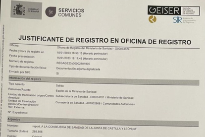 Documento de registro de salida del Ministerio de Sanidad del requerimiento del pasado domingo.-E. M.
