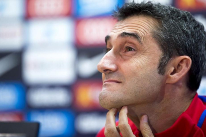 Ernesto Valverde, en la rueda de prensa previa al partido con el Eibar.-JORDI COTRINA