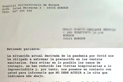 Carta enviada a una paciente crónica en la que se le explica que se le atenderá telefónicamente. ECB