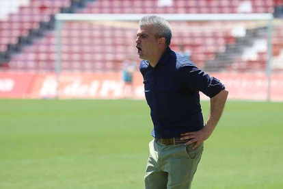 Javier Álvarez de los Mozos da instrucciones a sus jugadores el pasado domingo en Almería-RAFAEL GONZÁLEZ
