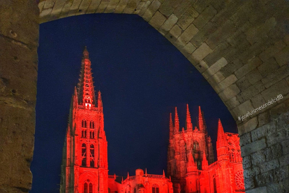 La Catedral iluminada de rojo en respaldo al sector de los eventos. JOSE LUIS GARCÍA